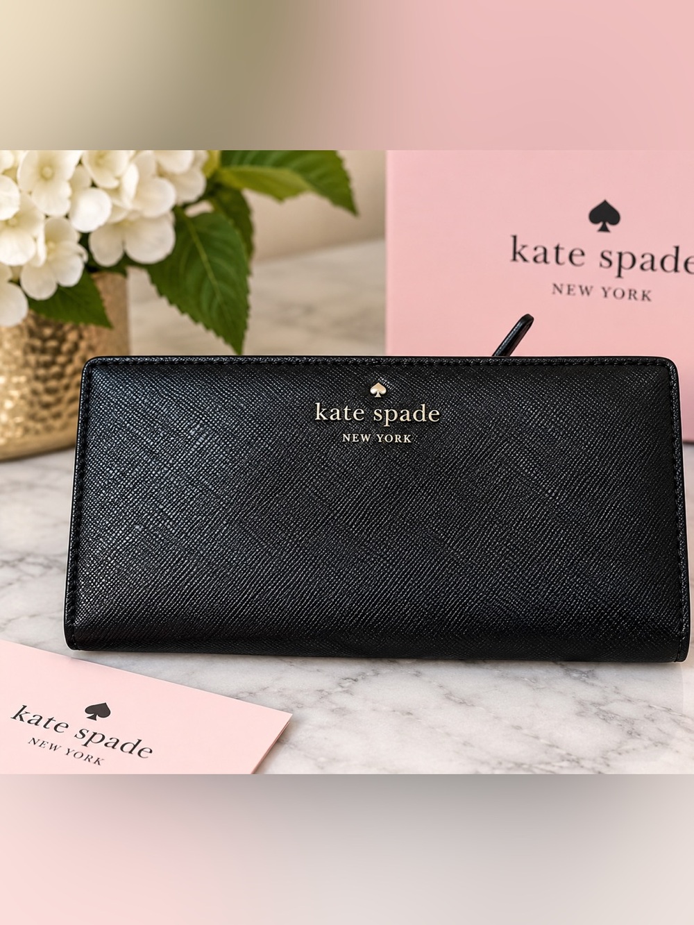 Kate Spade Staci Large Slim Bifold Wallet Black Saffiano Leather